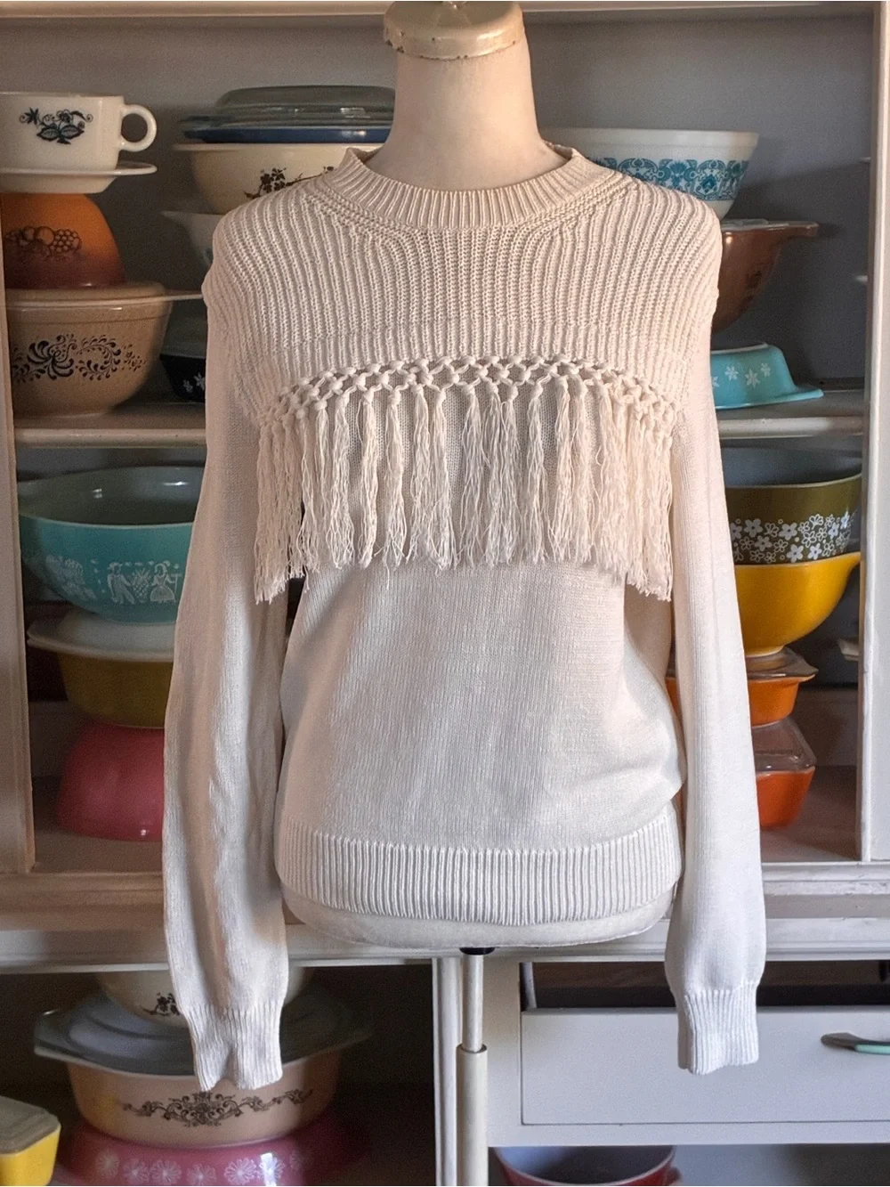 Pearl by Lela Rose Cream Fringe Macrame Knit Sweater - Size XS